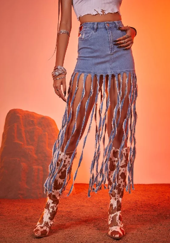 Women's Evening Clothing Chic Style Discounts Runaway Hottie Fringe Denim Skirt