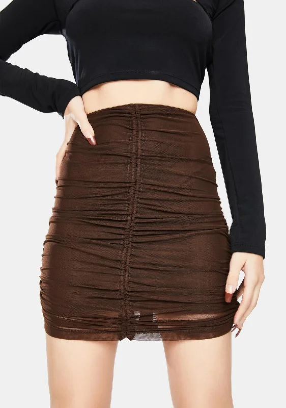 Fashionable Women's Casual Apparel Chic & Cozy Collection Chocolate Mesh Solena Ruched Mini Skirt