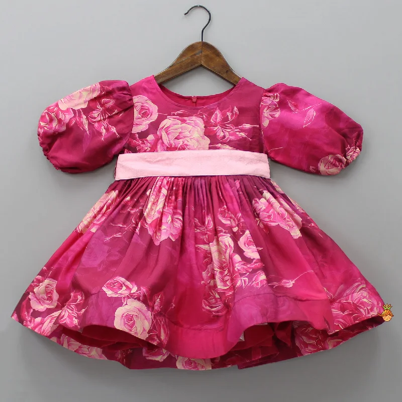 Women's Holiday Outfit Shop Sale Items Pink Floral Balloon Sleeves Dress