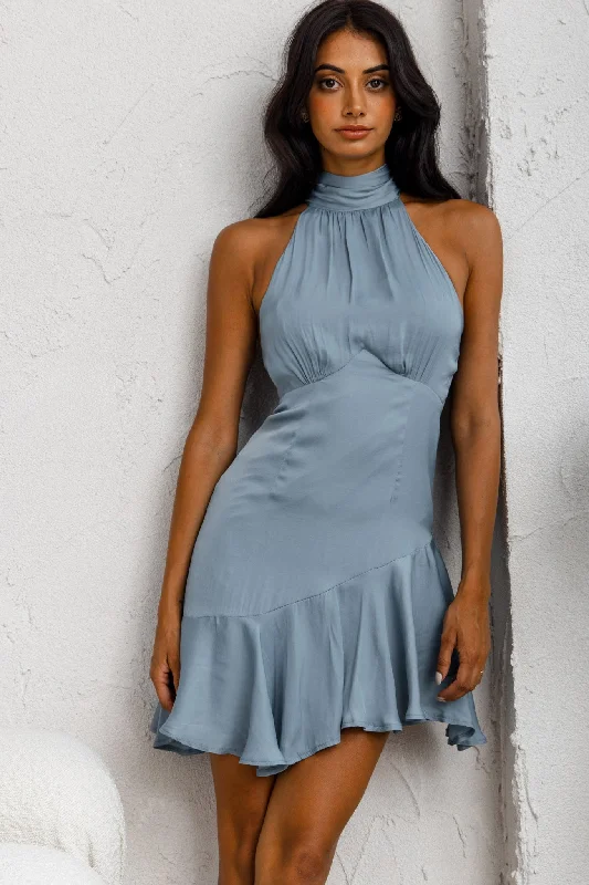 Chic Women's Garments Chic & Cozy Collection Promises Halterneck Fluted Hem Dress Forest Blue