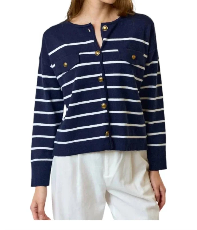 Casual Chic Women's Clothes Casual Chic Stripe Cardigan In Navy