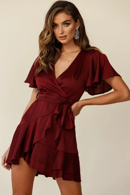 Women's Weekend Outfit Huge Price Cut Cami Angel Sleeve Faux Wrap Dress Wine