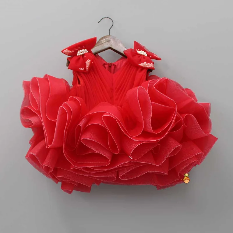 Women's Elegant Formal Outfit Limited Stock, Big Sale Bows Enhanced Ruffle Layered Red Net Dress