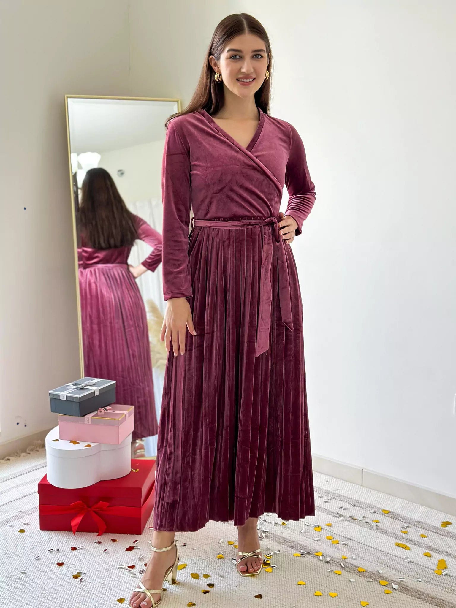 Women's Functional Outdoor Garments Retro Style Promotions Promise Pleated Velvet Dress - Rose