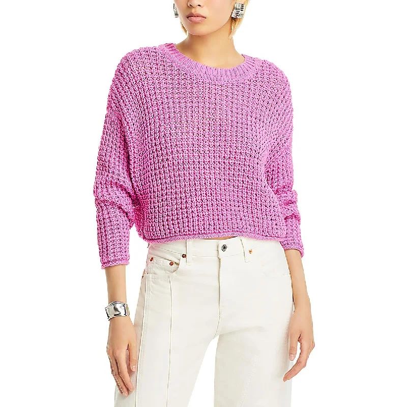 Women's Tops And Clothing Relaxed Style Womens Waffle Knit Crewneck Crop Sweater