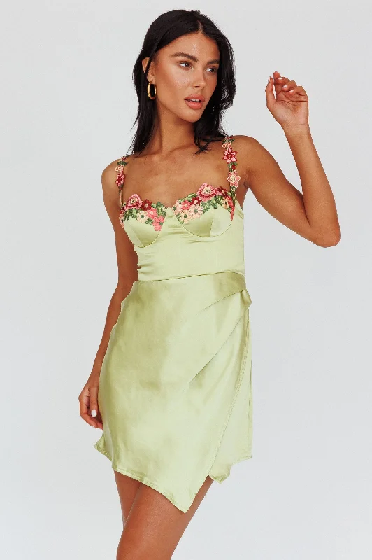 Women's Trendy Apparel Trendy Looks On Sale Rose Garden Floral Applique Wrap Mini Dress Lime