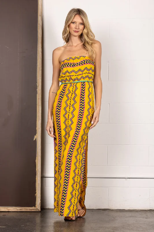 Affordable Women's Apparel Elevated Casual Discounts YELLOW AZTEC PRINT STRAPLESS TUBE MAXI DRESS D1505