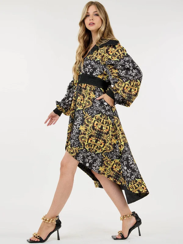 Women's Travel Garments Top Brand Discounts WOMEN'S LONG SLEEVE ZIP UP MULTI PRINT TUNIC POCKETS HIGH-LOW MIDI DRESS