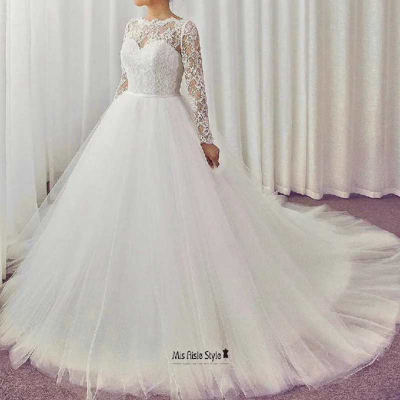 Women's Holiday Attire Seize Bargains Long Sleeve Ball Gown V-back Wedding Dress