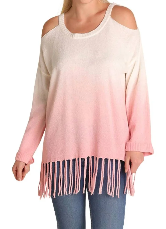 Women's Clothing With Trendy Designs Get The Latest Trends Ombre Cold Shoulder Fringe Sweater - Plus In Rose