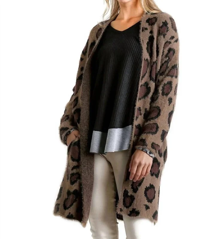 Women's Comfortable Lounge Outfit Chic Style Discounts Fuzzy Leopard Cardigan In Brown