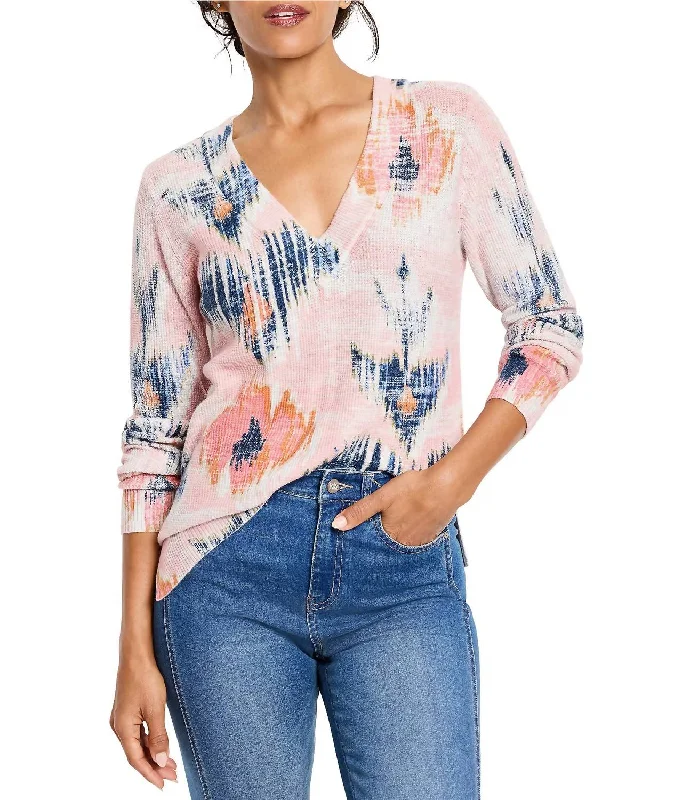 Women's Evening Attire Relaxed Style Deals Abstract Floral Waffle Stitch V-Neck Sweater In Pink Multi