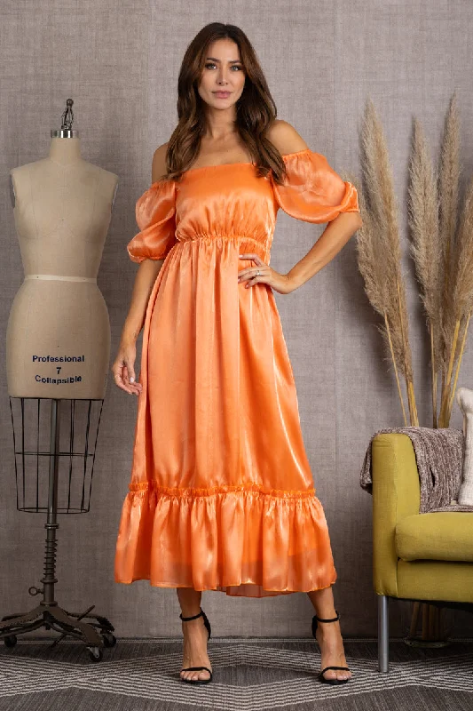 Women's Elegant Clothes Mega Sales M10224W-CORAL OFF SHOULDER RUFFLE TIERED MAXI DRESS