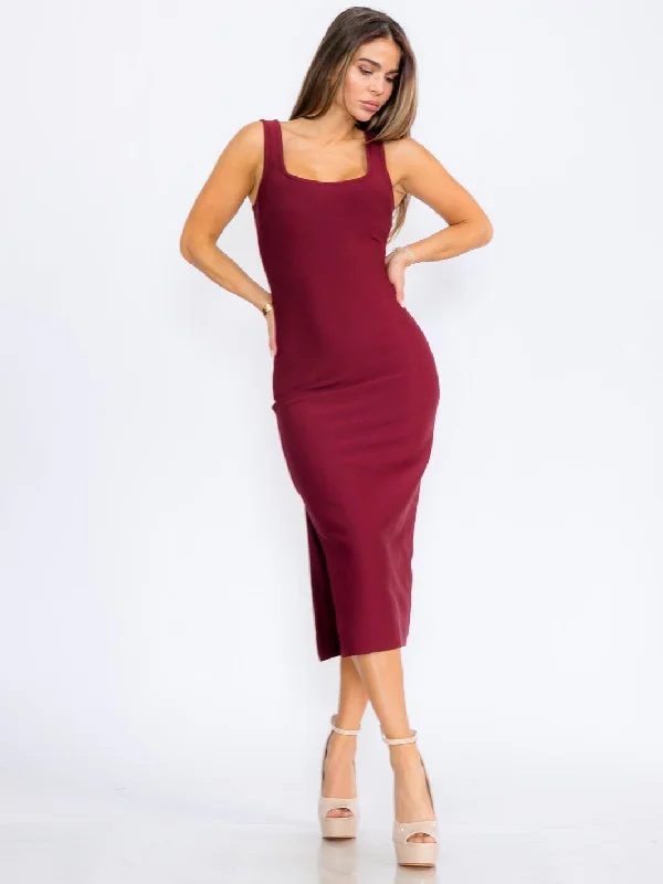 Women's Holiday Outfit Casual Chic WOMEN'S SLEEVELESS SQUARE NECK SIDE SLIT BODYCON BANDAGE MIDI DRESS