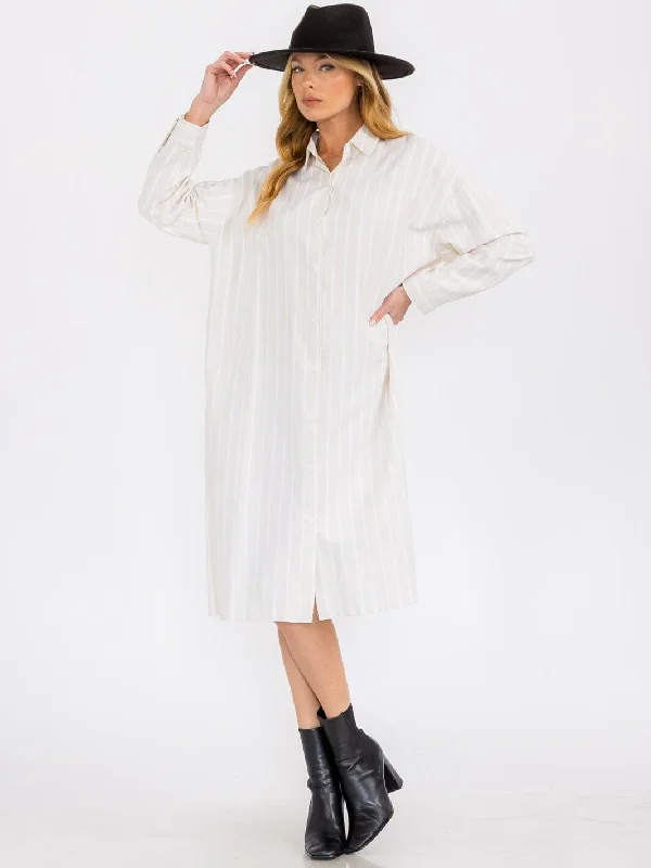 Women's Active Clothing Trendy Styles WOMEN'S LONG SLEEVE BUTTON UP DTRIPES TUNIC MIDI DRESS