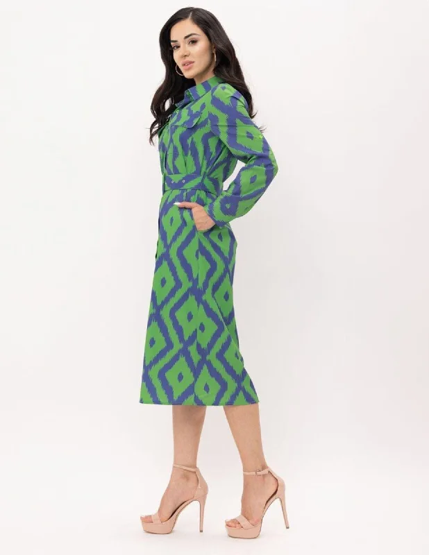 Women's Casual Clothing For Lounging Boutique Styles WOMEN'S LONG SLEEVE BUTTON UP POCKETS BELTED PRINTED MIDI DRESS