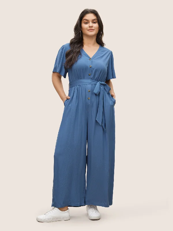 Women's High-Fashion Clothes Premium Fashion Supersoft Essentials Plain Flutter Sleeve Belted Jumpsuit