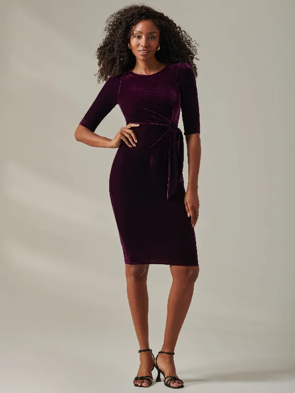 Elegant Women's Evening Garments Buy More, Save More Velvet Side Tie Midi Dress, Dark Purple