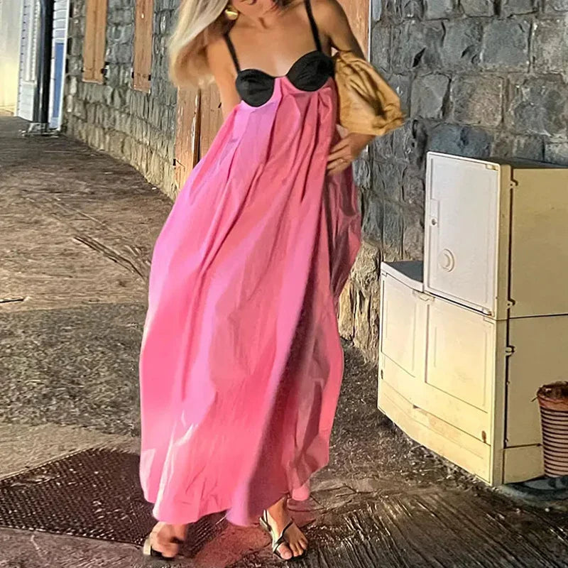 Sustainable Women's Clothes Hot Deals Backless Pink Sleeveless Loose Slip Panelled Bandage Maxi Dress