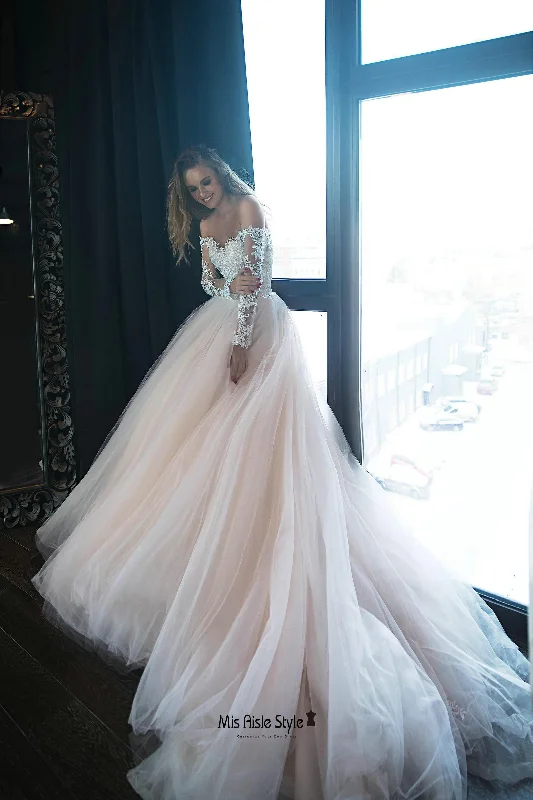 Comfortable Garments For Women Polished Style Deals Long Lace Sleeves Blush Tulle Wedding Dress