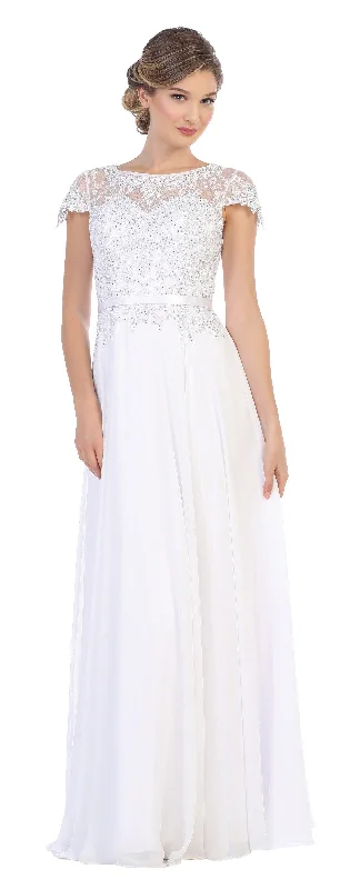 Women's Tailored Outfit Chic Style Discounts Long Bridal Gown Short Sleeve Chiffon Wedding Dress