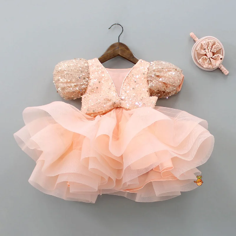 Women's Apparel Exclusive Discount Sequined Peach Puff Sleeves Ruffle Dress With Bowie Head Band