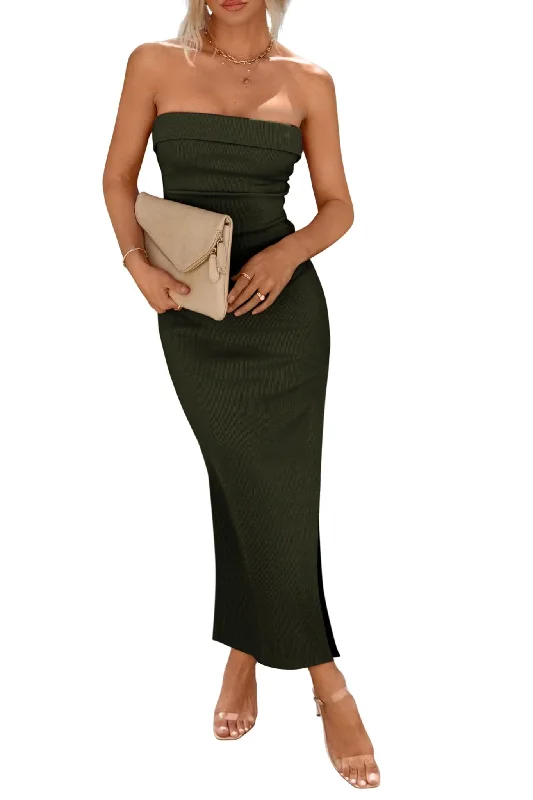 Sustainable Fashion Clothing For Women Hot Picks PRETTYGARDEN Women's Summer Bodycon Maxi Tube Dress Ribbed Strapless Side Slit Long Going Out Casual Elegant Party Dresses (Army Green,Small)