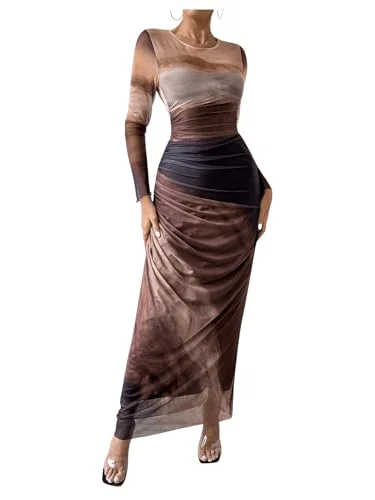 Classic Women's Clothing Styles Seasonal Style Discounts BEAUDRM Women's Tie Dye Ruched Long Sleeve Dress Mesh Slim Fit Bodycon Maxi Dresses Coffee Brown Small