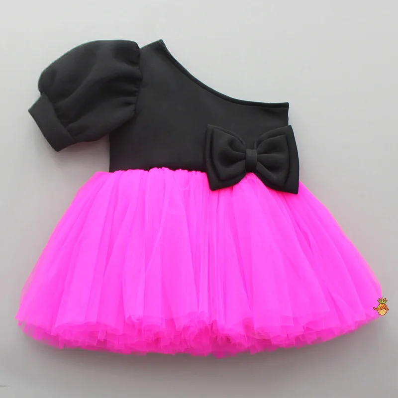 Women's Vintage Garments Trend Leading Collection One Shoulder Bow Enhanced Pink And Black Net Dress