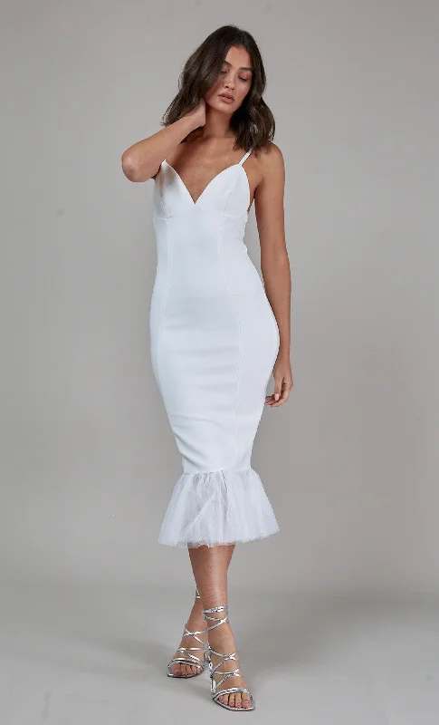 Women's Comfortable Lounge Outfit Polished Style Deals Cream Bandage Fishtail Midi Dress