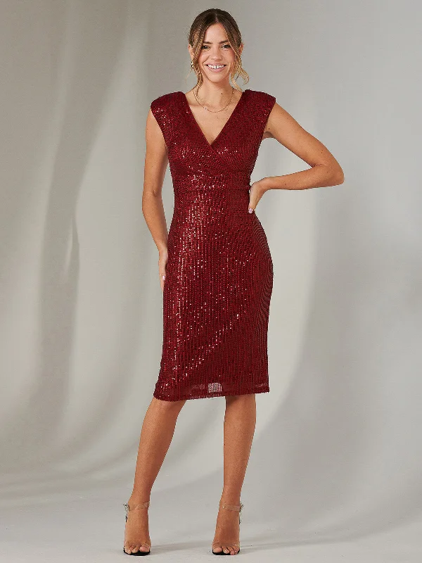 Women's Clothing With Trendy Designs Hot Trends Bennett Sequin Bodycon Midi Dress, Dark Red