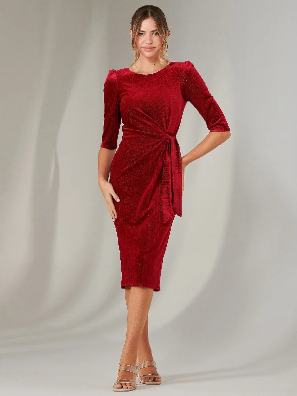 Charming Women's Garments Special Offers Metallic Thread Velvet Midi Dress, Burgundy