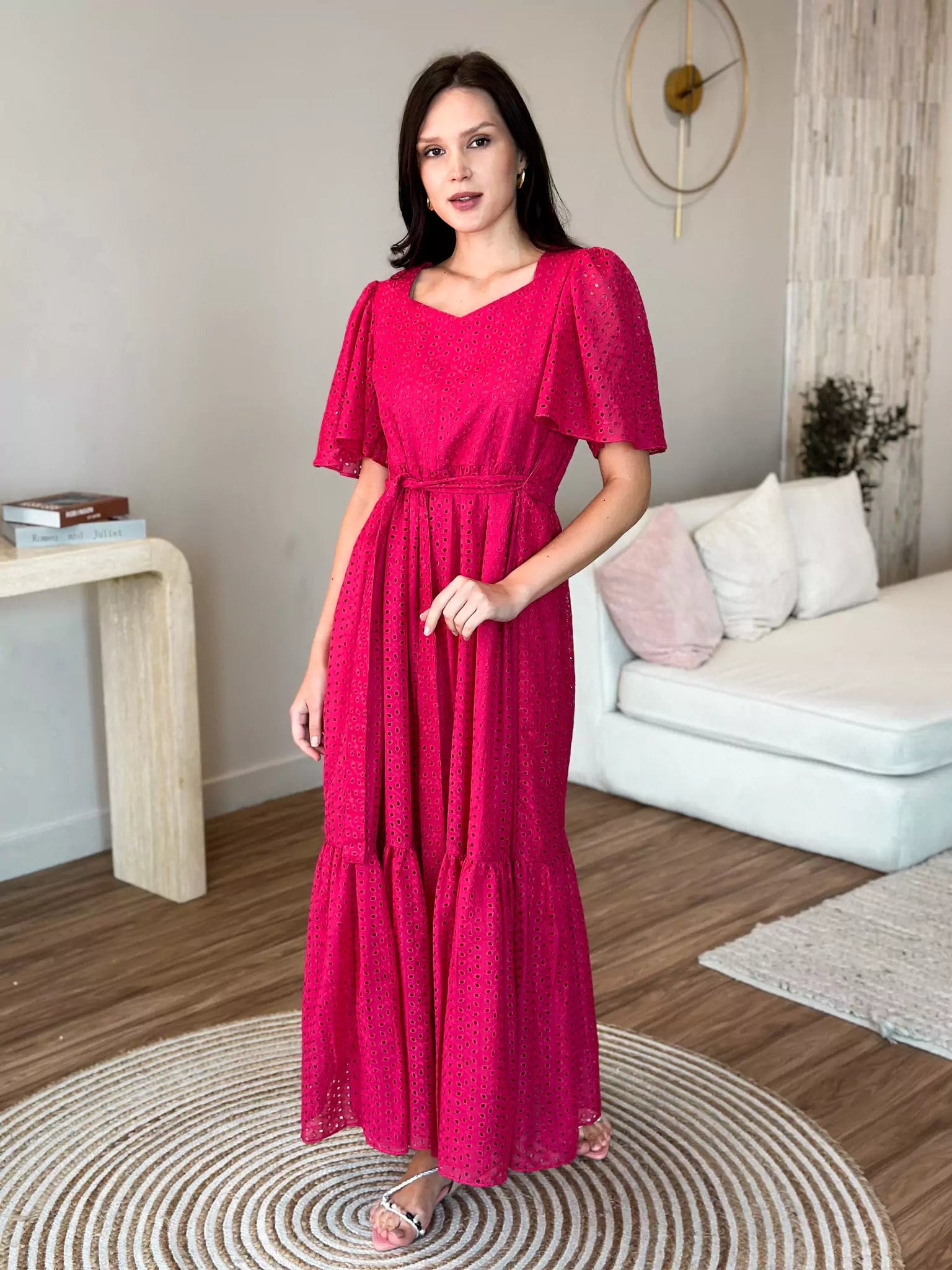 Women's Clothing For Casual Outings Sophisticated Street Style Offers Pembe Cutwork Long Dress