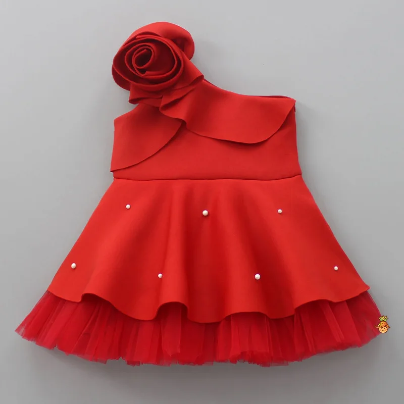 Stylish Women's Outfit Flash Sales Rose Embellished Frilly Red Scuba Dress