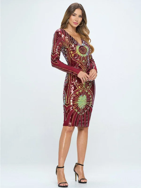 Women's Transitional Garments Limited Edition WOMEN'S LONG SLEEVE V-NECK  BODYCON SEQUINS MIDI DRESS