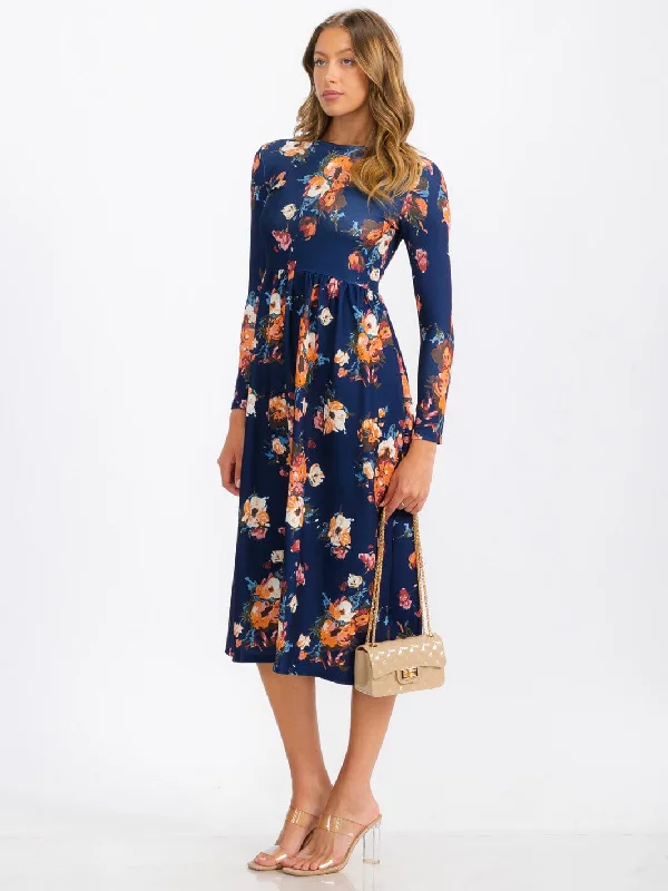 Women's High-End Clothing Imeless Style WOMEN'S LONG SLEEVE FLORAL MIDI DRESS