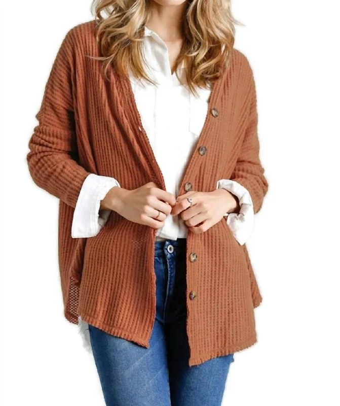 Women's Clothing Apparel Top Brand Discounts Waffle Knit Cardigan In Ginger