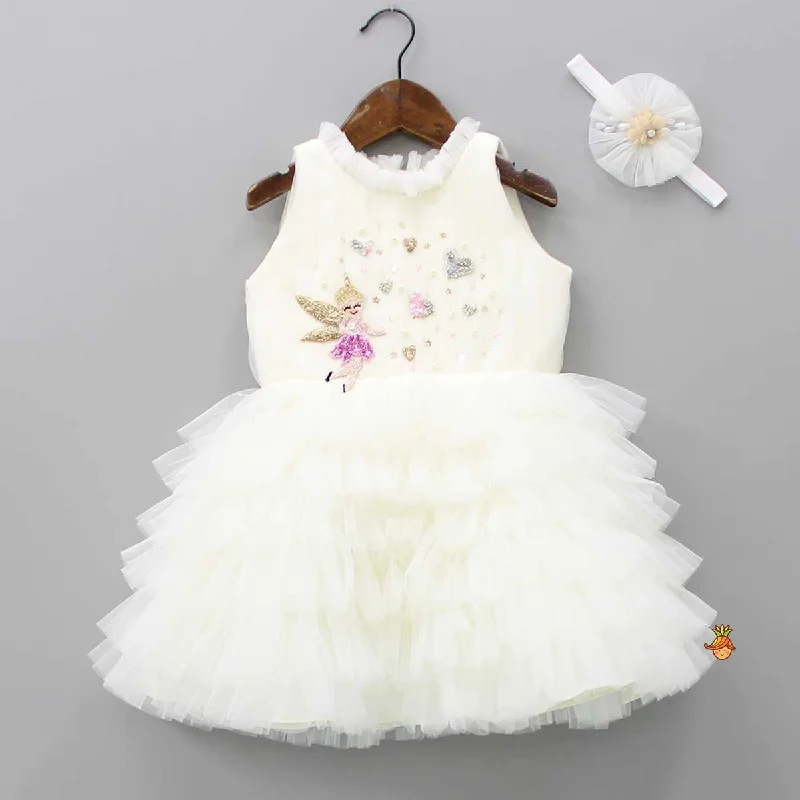 Women's Professional Clothes Refined Fashion Sale Fairy Embroidered Yoke Off White Multi Layered Dress With Head Band