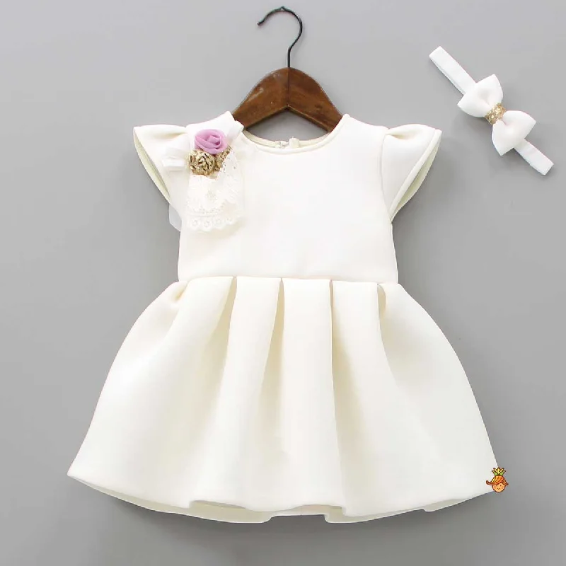 Sustainable Women's Clothes Premium Style Offers Fancy Off White Scuba Dress With Matching Bow Head Band