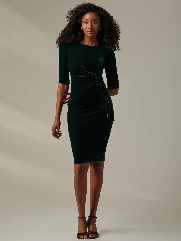 Timeless Women's Clothes Latest Trends Velvet Side Tie Midi Dress, Dark Green