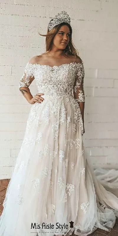 Vintage-Inspired Women's Clothes Special Offer For You Off Shoulder Long Sleeve Lace Plus Size Wedding Dress