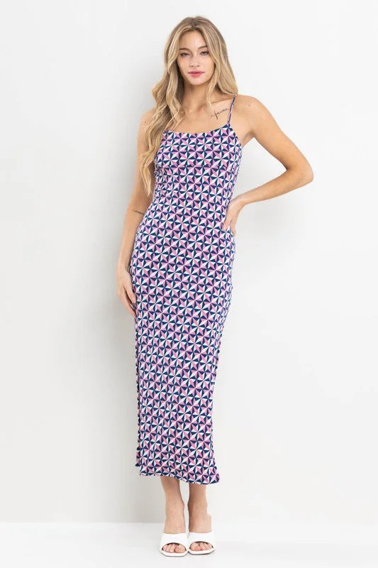 Women's Vintage Attire Chic Styles NAVY GEOMETRIC PRINT SIDE SLIT MAXI DRESS DY51116