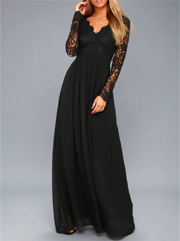 Comfortable Women's Clothing Casual Yet Chic Sales Lace Detail Backless Long Sleeve Maxi Dress