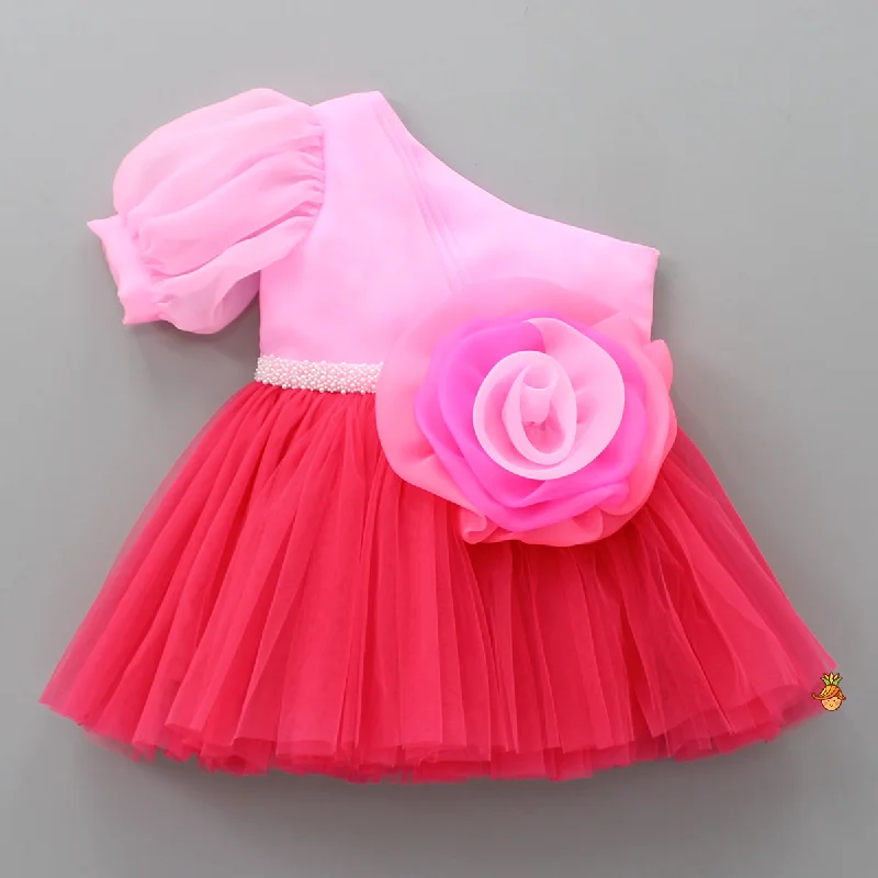 Women's Wedding Apparel Trend Alert One Shoulder Swirled Flower Enhanced Flared Pink And Red Dress