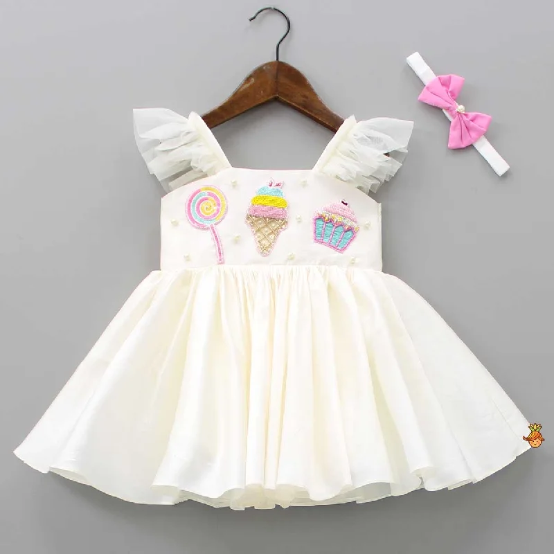 Women's Elegant Clothes High-End Style Discounts Off White Candies Embroidered Dress With Contrasting Pink Head Band