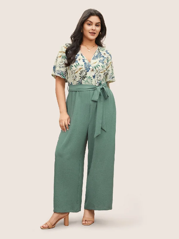 Women's Stylish Professional Apparel Seasonal Sale Plants Print Patchwork Belted Wrap Jumpsuit