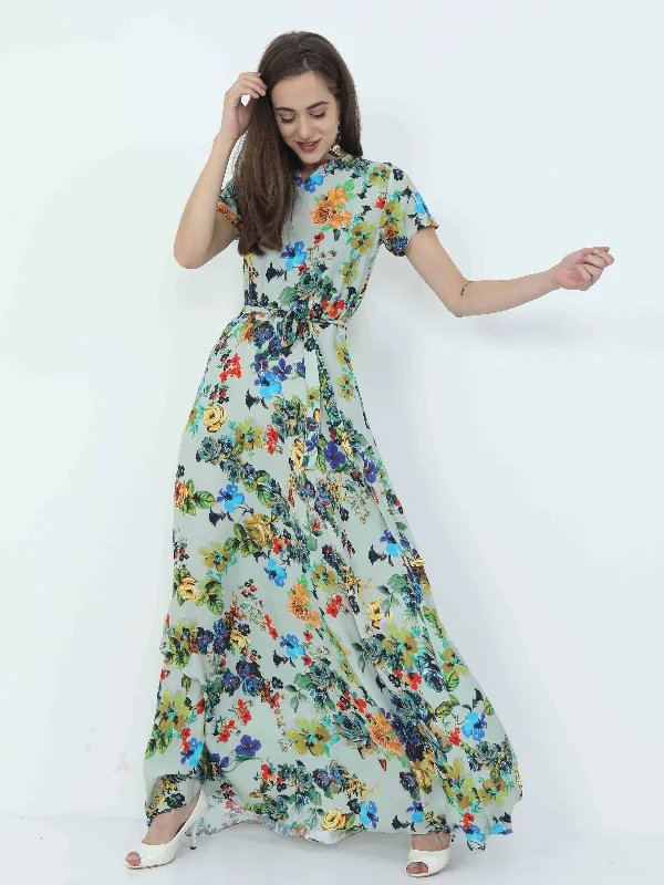 Women's Casual Apparel Modern Fashion Sale Multicolored Digital Print Fit & Flare Maxi Dress