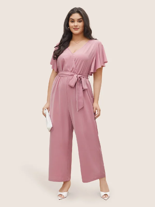 Charming Women's Holiday Apparel Valentine's Special Anti-Wrinkle Plain Belted Flutter Sleeve Zipper Jumpsuit