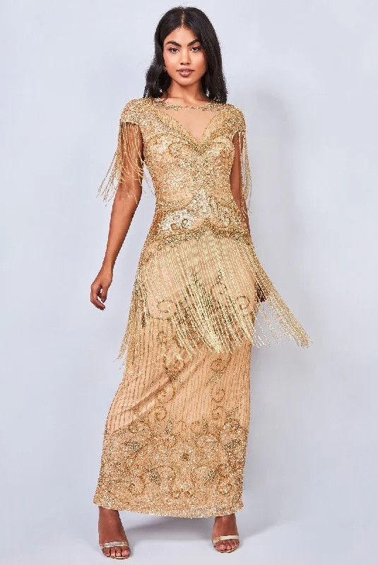 Casual Chic Women's Clothes Huge Discounts This Week Ethel 1920s Evening Maxi Fringe Gown in Gold