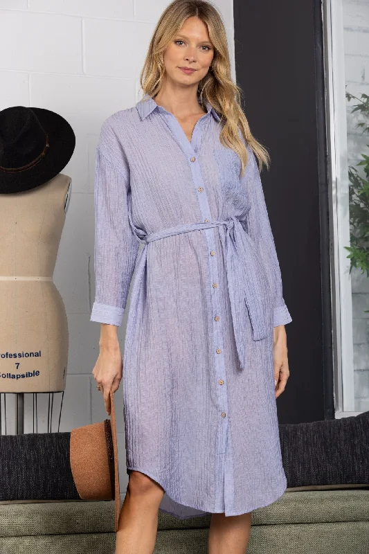 Women's High-Fashion Clothes Fast Fashion Favorites DUSTY BLUE COLLARED LINEN LONG SLEEVES MAXI DRESS-D9287